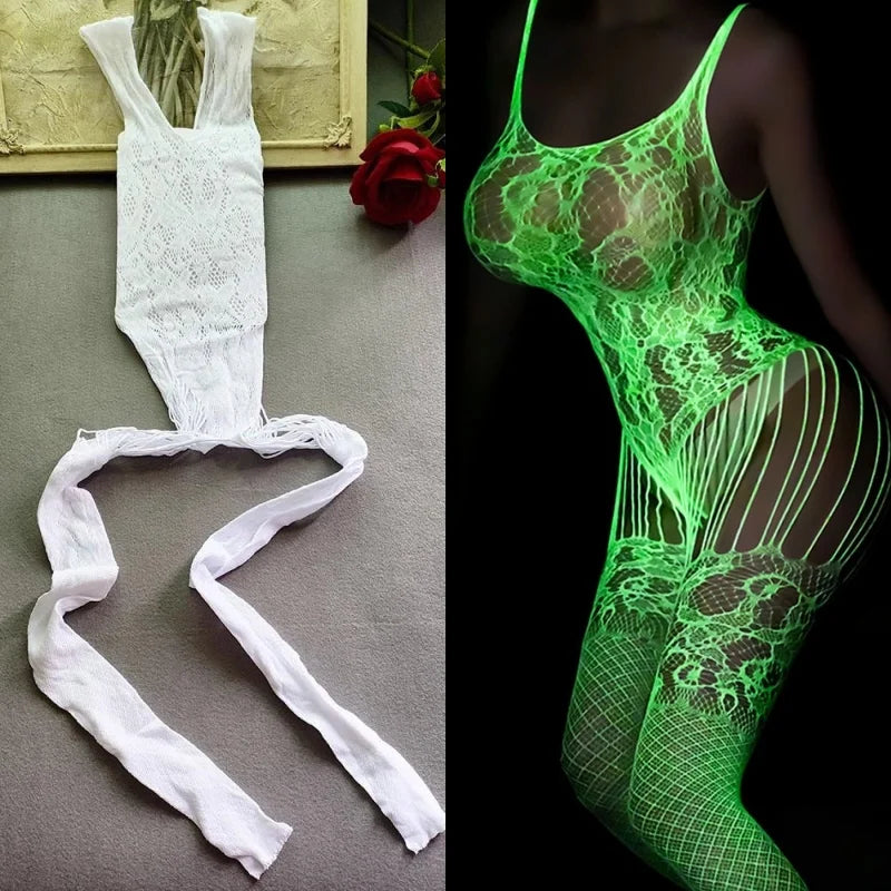 Leuchtendes Netz-Bodystocking