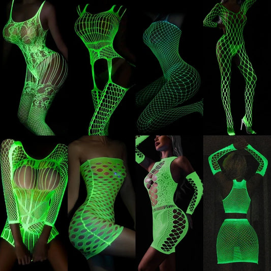 Leuchtendes Netz-Bodystocking