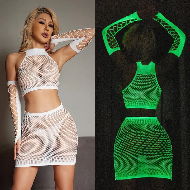 Leuchtendes Netz-Bodystocking