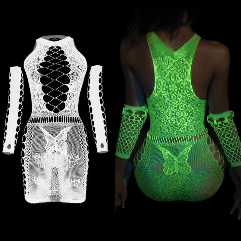 Leuchtendes Netz-Bodystocking