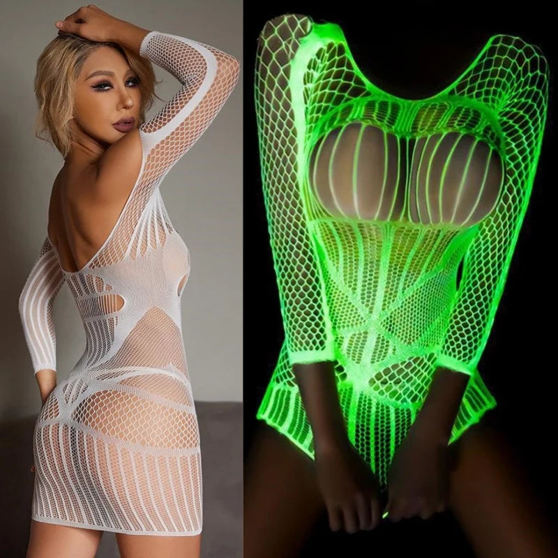 Leuchtendes Netz-Bodystocking
